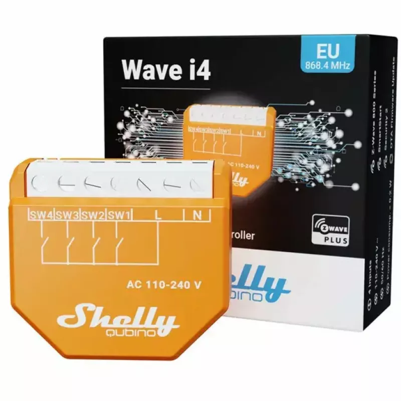 Interruptor inteligente Shelly Qubino Wave i4 — controlador de escenas inalámbrico 110–240 V, 16 A, 50/60 Hz, naranja