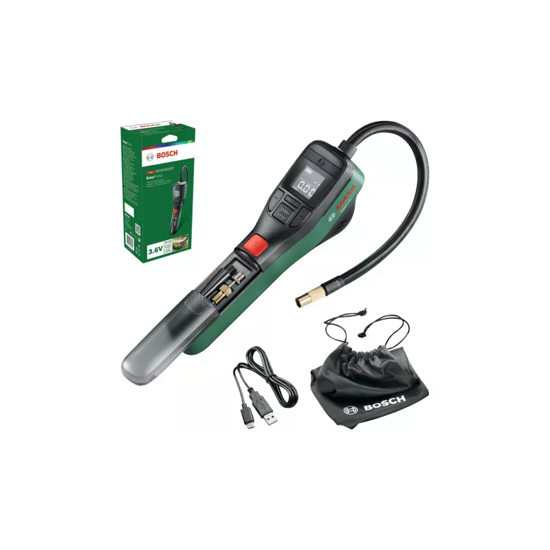 Bomba de aire eléctrica Bosch 0.603.947.000 — portátil, recargable, 10 bar (150–150 psi), 3000 mAh, USB‑C, 10 l/min, con manguera y accesorios