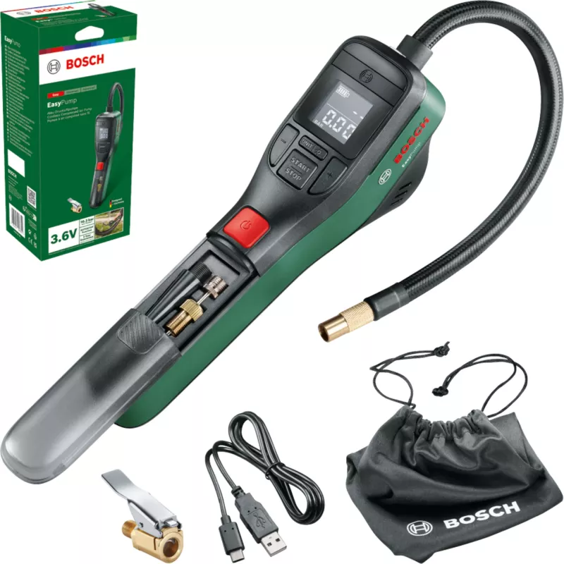 Bomba de aire eléctrica Bosch 0.603.947.000 — portátil, recargable, 10 bar (150–150 psi), 3000 mAh, USB‑C, 10 l/min, con manguera y accesorios
