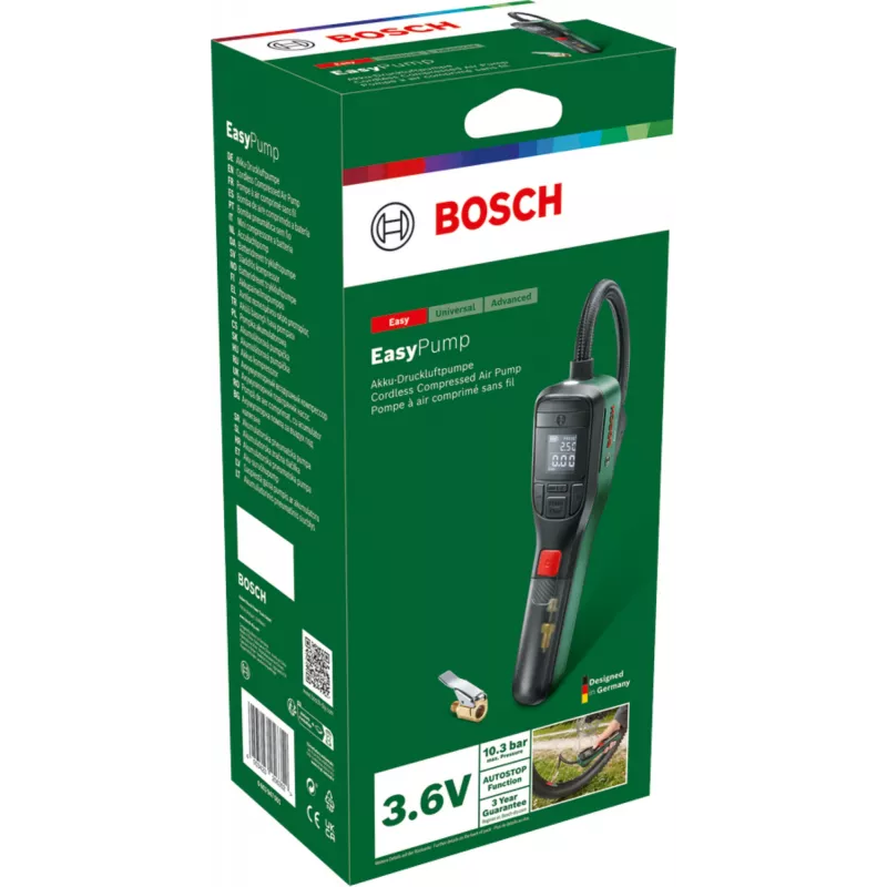 Bomba de aire eléctrica Bosch 0.603.947.000 — portátil, recargable, 10 bar (150–150 psi), 3000 mAh, USB‑C, 10 l/min, con manguera y accesorios