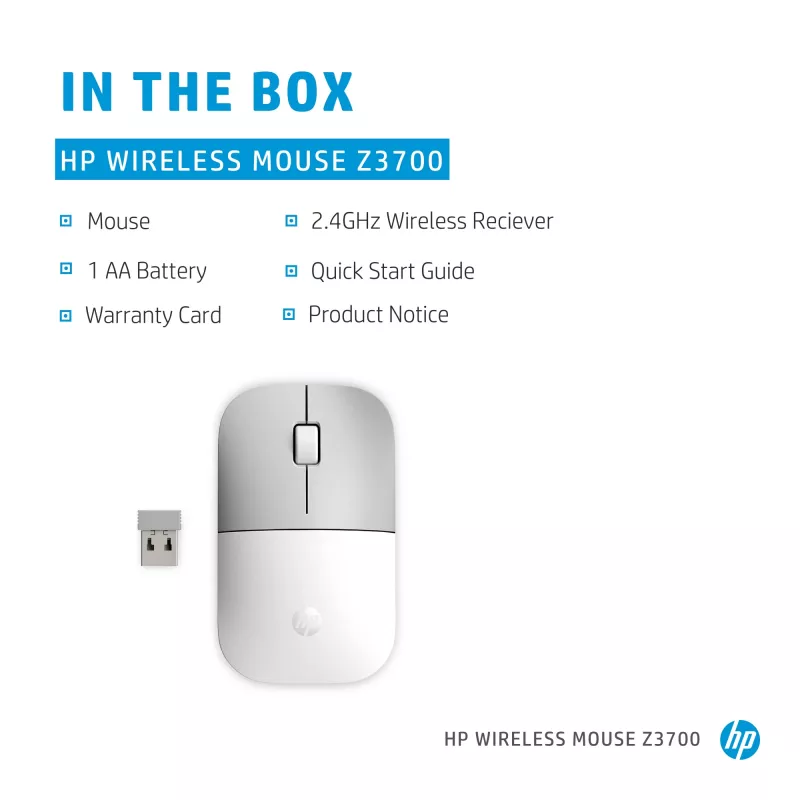 Ratón inalámbrico HP Z3700 Cerámica Blanco, ambidiestro, óptico, RF Wireless, 1200 DPI, Plata, Blanco