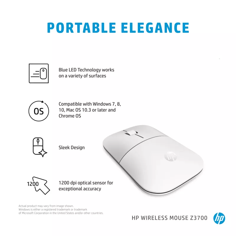 Ratón inalámbrico HP Z3700 Cerámica Blanco, ambidiestro, óptico, RF Wireless, 1200 DPI, Plata, Blanco
