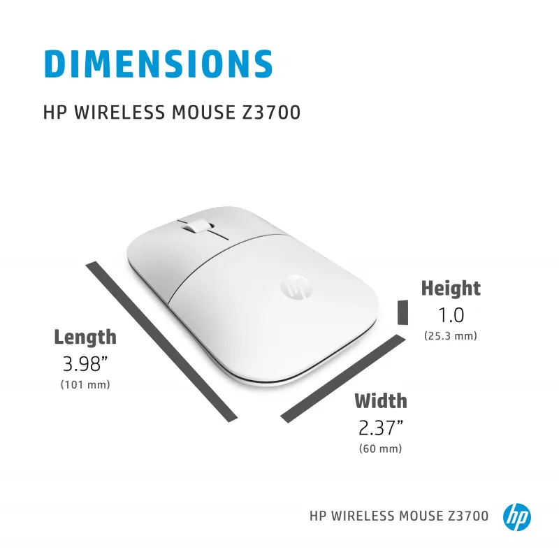 Ratón inalámbrico HP Z3700 Cerámica Blanco, ambidiestro, óptico, RF Wireless, 1200 DPI, Plata, Blanco