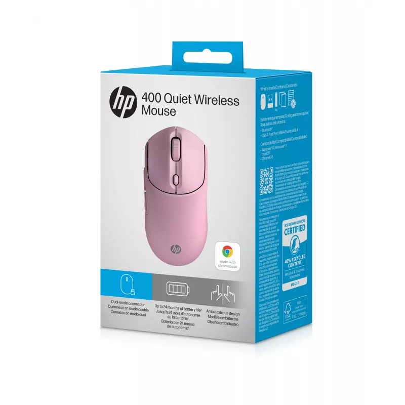 HP 400 Ratón inalámbrico silencioso rosa, ambidiestro, RF Wireless + Bluetooth, 6000 DPI, Rosa