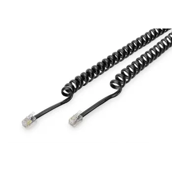 DIGITUS Cable de conexión UAE, RJ10 2,00 m, CU, 4x7x0,12 mm, no apantallado, M/M, cable plano, cable espiral, negro