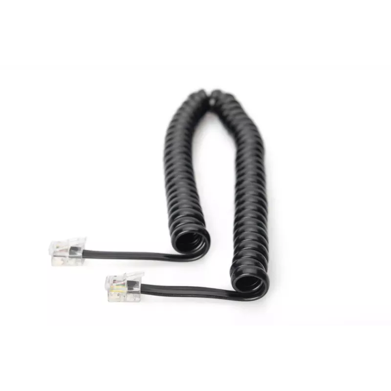 DIGITUS Cable de conexión UAE, RJ10 2,00 m, CU, 4x7x0,12 mm, no apantallado, M/M, cable plano, cable espiral, negro