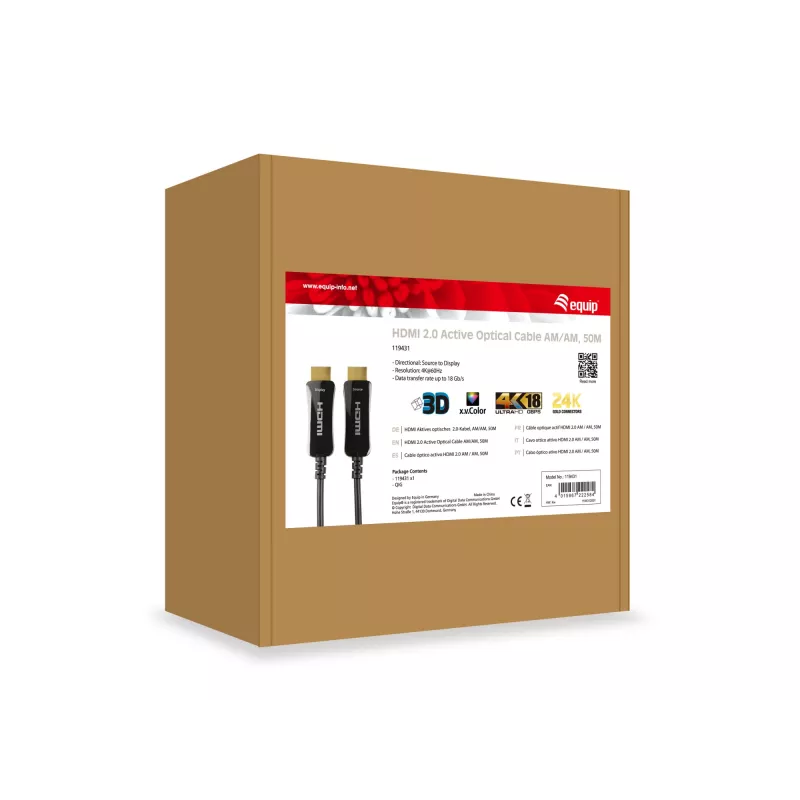 Equip Cable óptico activo HDMI 2.0 AM/AM, 50m, 4K/60Hz, 50 m, HDMI Type-A (estándar), HDMI Type-A (estándar), 3D, Negro