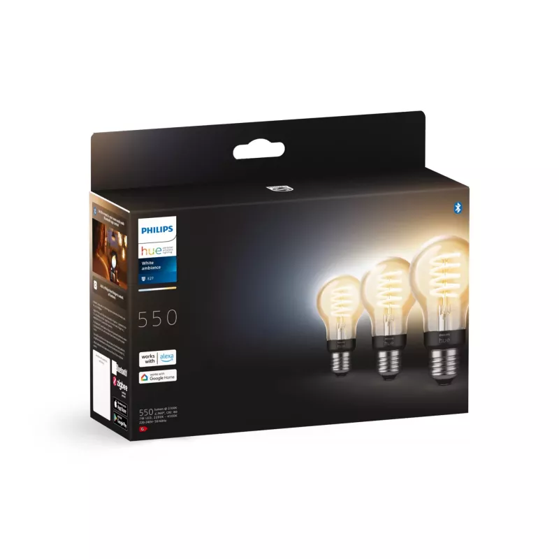 Philips Hue White Ambiance E27 A60 bombilla inteligente de filamento, 7 W, 550 lm, 3 unidades