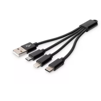 DIGITUS Cable de carga USB USB A – Lightning+Micro B+Type-C M/M/M/M 15 cm Cable 3 en 1, Algodón, CE, Negro