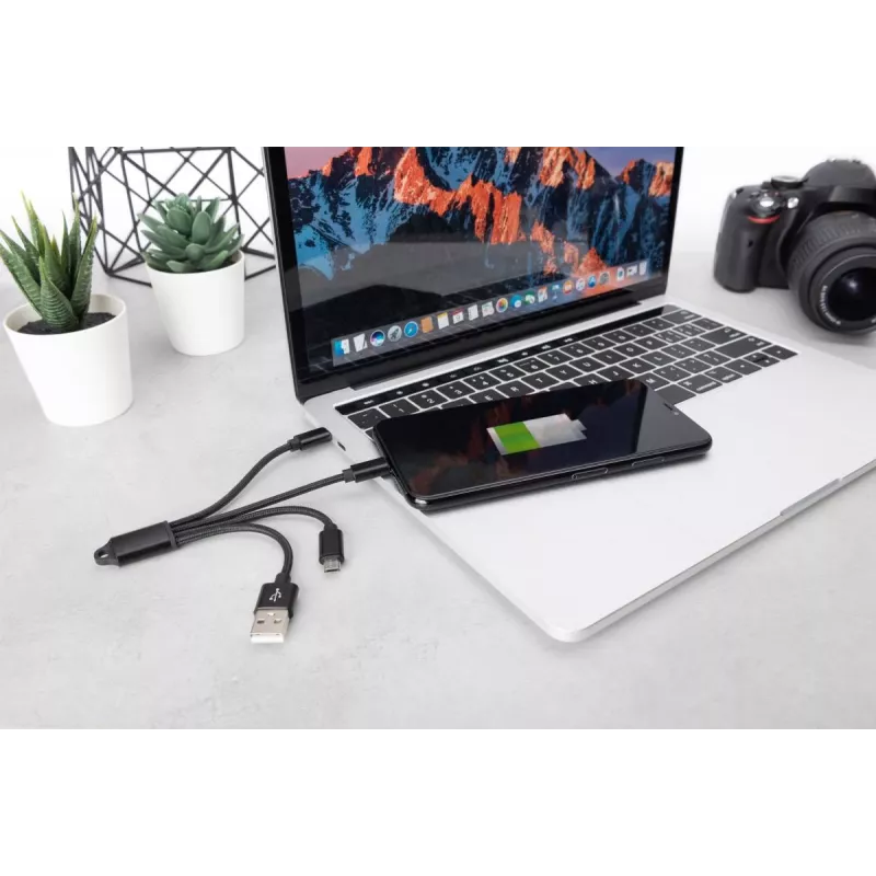 DIGITUS Cable de carga USB USB A – Lightning+Micro B+Type-C M/M/M/M 15 cm Cable 3 en 1, Algodón, CE, Negro