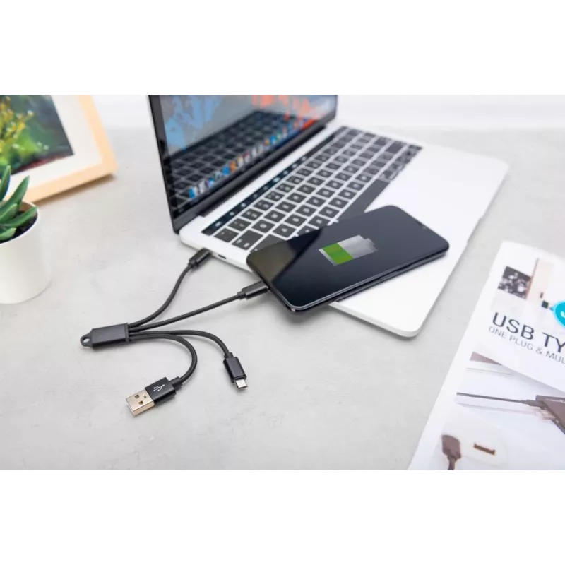 DIGITUS Cable de carga USB USB A – Lightning+Micro B+Type-C M/M/M/M 15 cm Cable 3 en 1, Algodón, CE, Negro