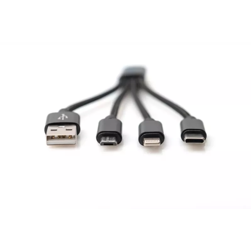 DIGITUS Cable de carga USB USB A – Lightning+Micro B+Type-C M/M/M/M 15 cm Cable 3 en 1, Algodón, CE, Negro