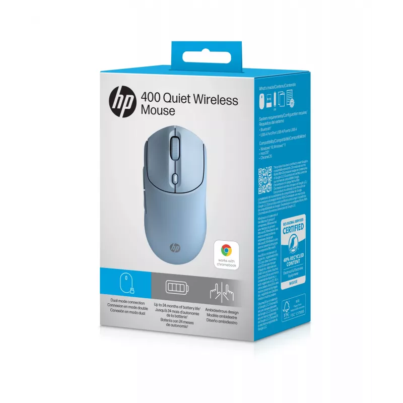 HP 400 Ratón inalámbrico silencioso azul, ambidiestro, RF Wireless + Bluetooth, 6000 DPI, Azul