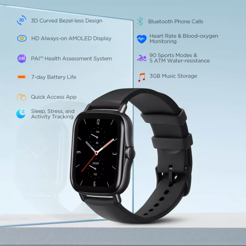 Amazfit GTS 2 reloj inteligente, 4,19 cm (1,65 pulgadas) AMOLED, 43 mm, GPS, llamadas Bluetooth, 5 ATM, Midnight Black