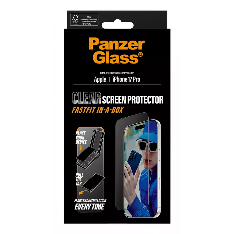 Lámina protectora de pantalla PanzerGlass ® iPhone 17 Pro | Ultra-Wide Fit con FASTFIT IN-A-BOX