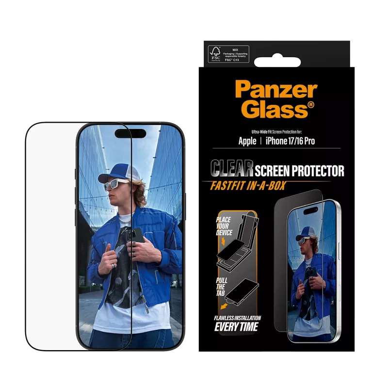 Lámina protectora de pantalla PanzerGlass® iPhone 17 | iPhone 16 Pro | Ultra-Wide Fit con FASTFIT IN-A-BOX
