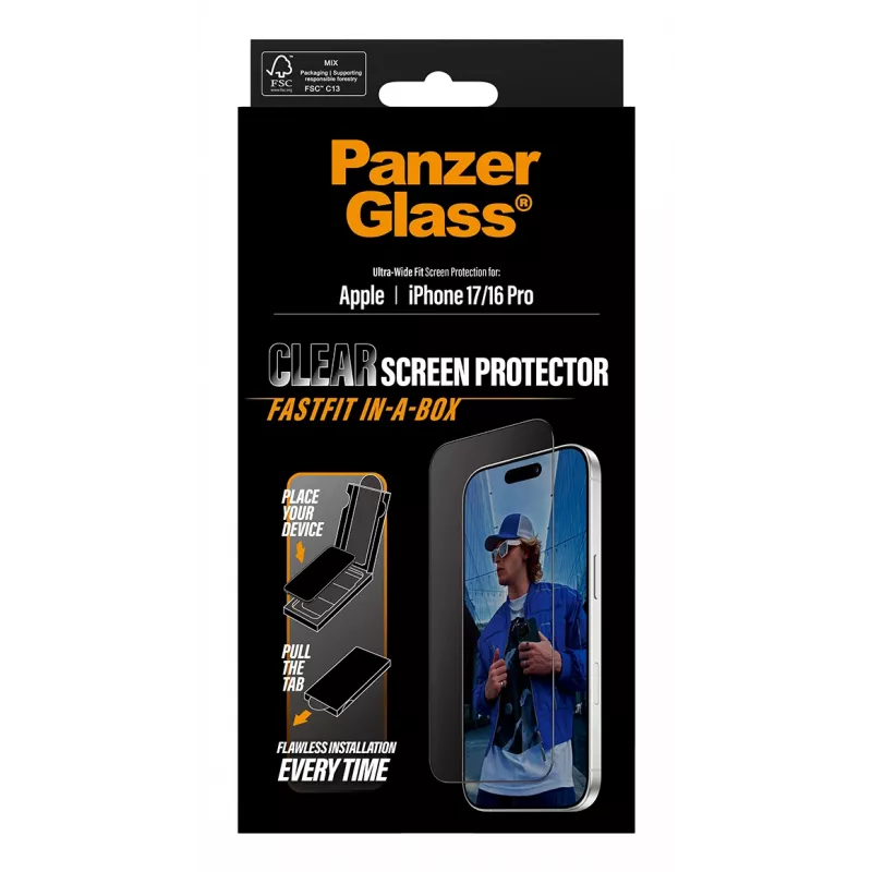 Lámina protectora de pantalla PanzerGlass® iPhone 17 | iPhone 16 Pro | Ultra-Wide Fit con FASTFIT IN-A-BOX