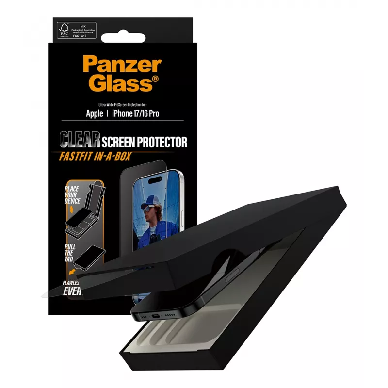 Lámina protectora de pantalla PanzerGlass® iPhone 17 | iPhone 16 Pro | Ultra-Wide Fit con FASTFIT IN-A-BOX