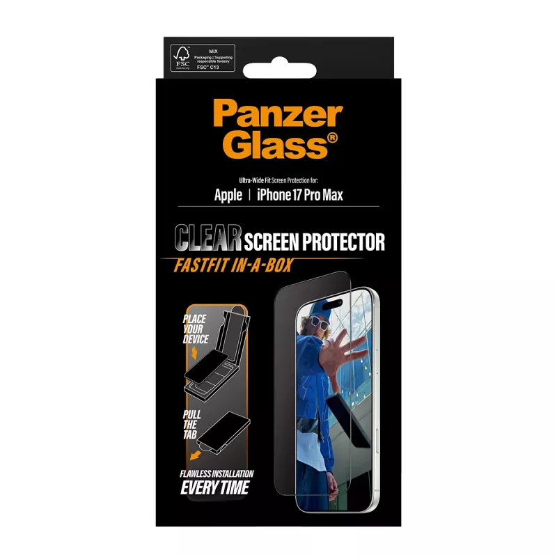 Lámina protectora de pantalla PanzerGlass ® iPhone 17 Pro Max | Ultra-Wide Fit con FASTFIT IN-A-BOX