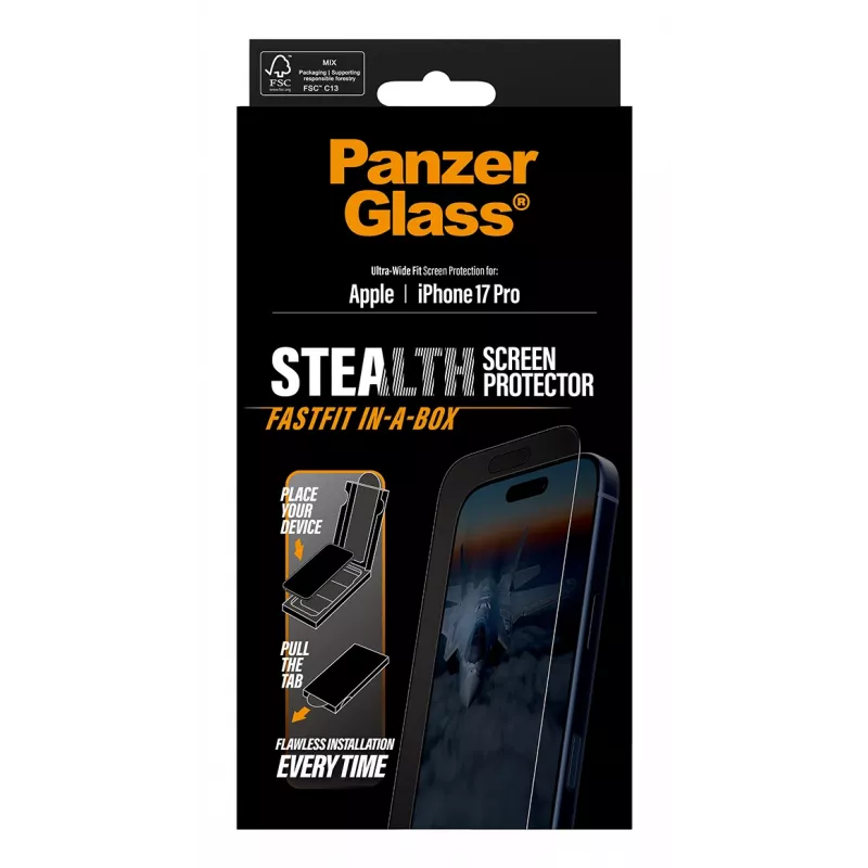 Protector de pantalla PanzerGlass ® Stealth iPhone 17 Pro | Ultra-Wide Fit con FASTFIT IN-A-BOX