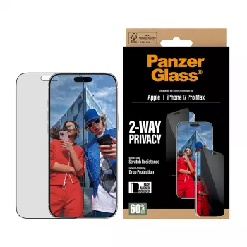 Protector de pantalla PanzerGlass de privacidad 2 vías para iPhone 17 Pro Max — cristal templado, ajuste ultra ancho, EasyAligner