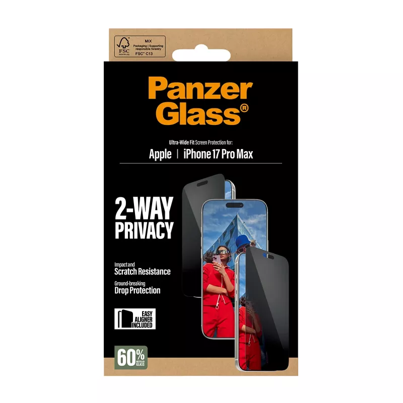 Protector de pantalla PanzerGlass de privacidad 2 vías para iPhone 17 Pro Max — cristal templado, ajuste ultra ancho, EasyAligner