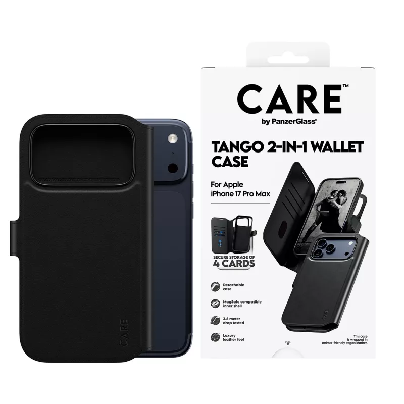 Funda protectora 2 en 1 para móvil con compartimento para tarjetas PanzerGlass CARE Feature Case Tango con MagSafe para iPhone 17 Pro Max, negra
