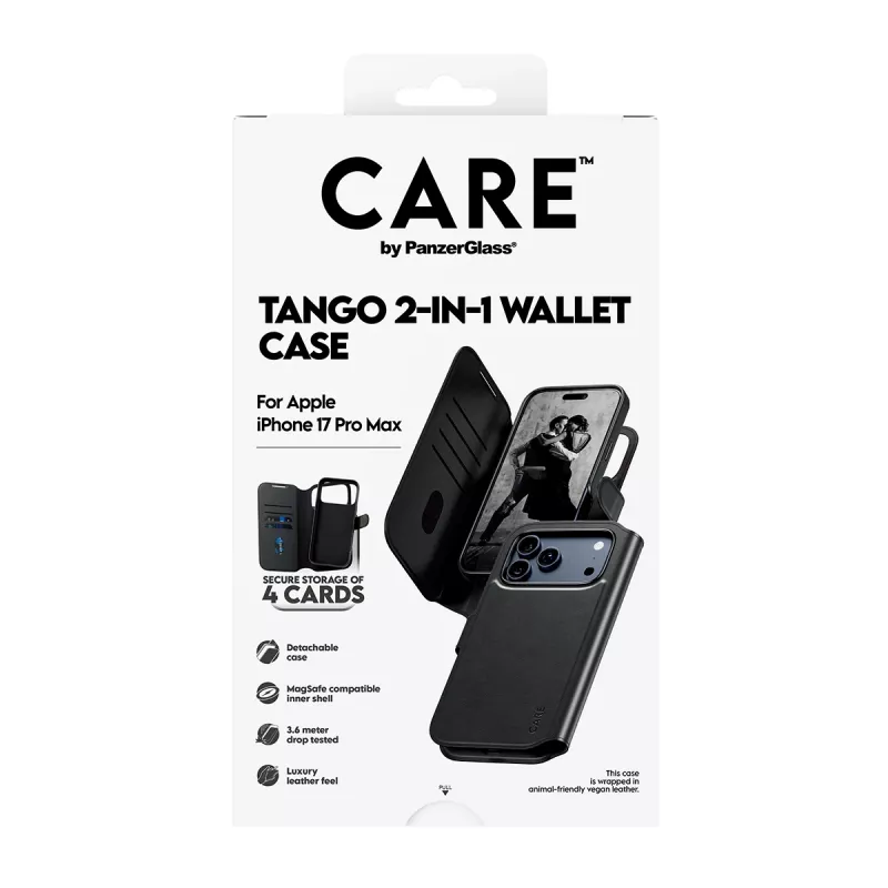 Funda protectora 2 en 1 para móvil con compartimento para tarjetas PanzerGlass CARE Feature Case Tango con MagSafe para iPhone 17 Pro Max, negra