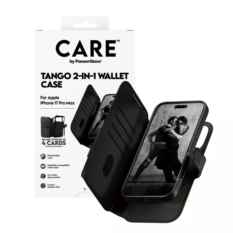 Funda protectora 2 en 1 para móvil con compartimento para tarjetas PanzerGlass CARE Feature Case Tango con MagSafe para iPhone 17 Pro Max, negra