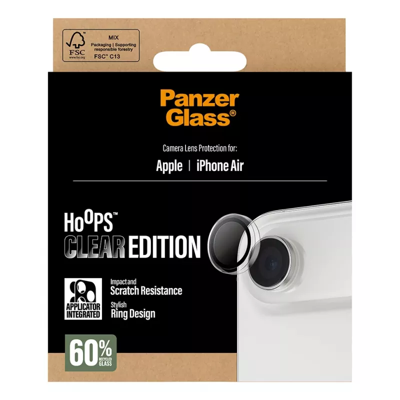 Protector de lente de cámara PanzerGlass Hoops para iPhone Air — vidrio templado y silicona, transparente, 1 ud.