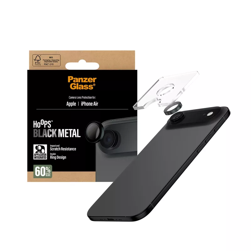 Protector de lente de cámara PanzerGlass Hoops para iPhone Air — vidrio templado, negro, resistente a arañazos y golpes