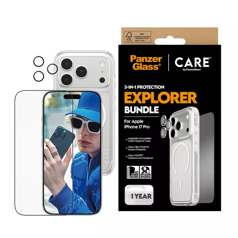 Pack de protector de pantalla PanzerGlass CARE 3-in-1 Flagship Explorer para iPhone 17 Pro – vidrio templado, PET, silicona, transparente