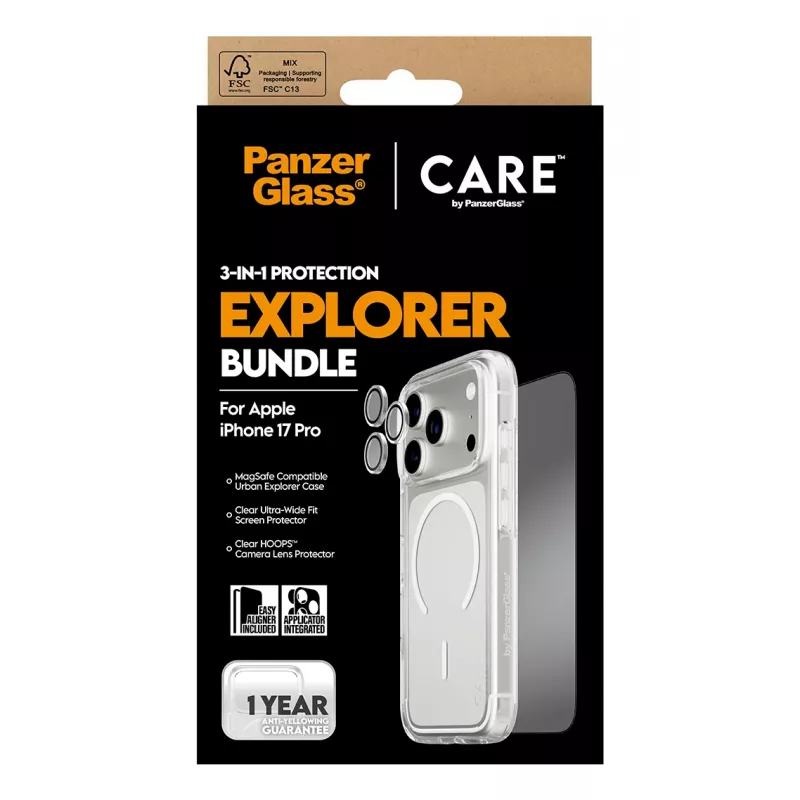 Pack de protector de pantalla PanzerGlass CARE 3-in-1 Flagship Explorer para iPhone 17 Pro – vidrio templado, PET, silicona, transparente