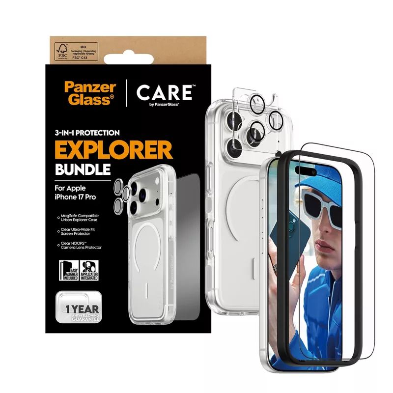 Pack de protector de pantalla PanzerGlass CARE 3-in-1 Flagship Explorer para iPhone 17 Pro – vidrio templado, PET, silicona, transparente