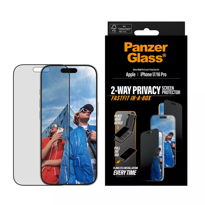 Lámina protectora de pantalla con privacidad PanzerGlass para iPhone 17 / iPhone 16 Pro — Ultra-Wide Fit, vidrio templado + PET, FASTFIT
