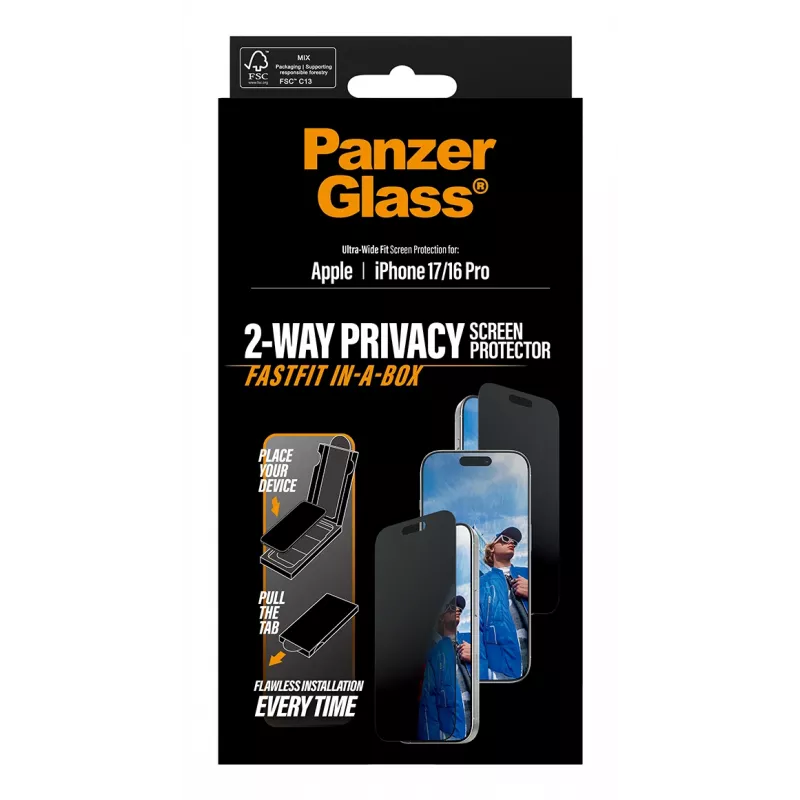 Lámina protectora de pantalla con privacidad PanzerGlass para iPhone 17 / iPhone 16 Pro — Ultra-Wide Fit, vidrio templado + PET, FASTFIT