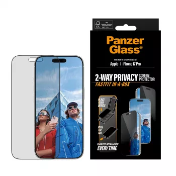 Lámina protectora de pantalla PanzerGlass 2-Way Privacy para iPhone 17 Pro — Ultra-Wide Fit, vidrio templado, filtro de privacidad, FASTFIT