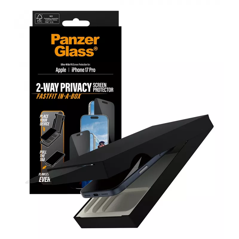 Lámina protectora de pantalla PanzerGlass 2-Way Privacy para iPhone 17 Pro — Ultra-Wide Fit, vidrio templado, filtro de privacidad, FASTFIT