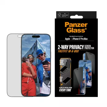 Protector de pantalla PanzerGlass 2-Way Privacy para iPhone 17 Pro Max — vidrio templado, Ultra-Wide Fit, FASTFIT