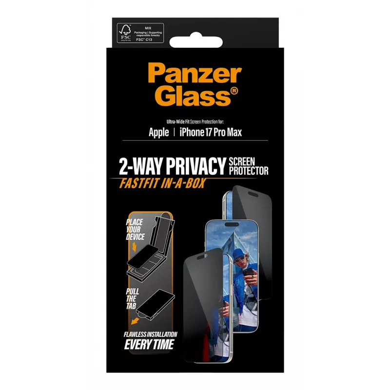 Protector de pantalla PanzerGlass 2-Way Privacy para iPhone 17 Pro Max — vidrio templado, Ultra-Wide Fit, FASTFIT