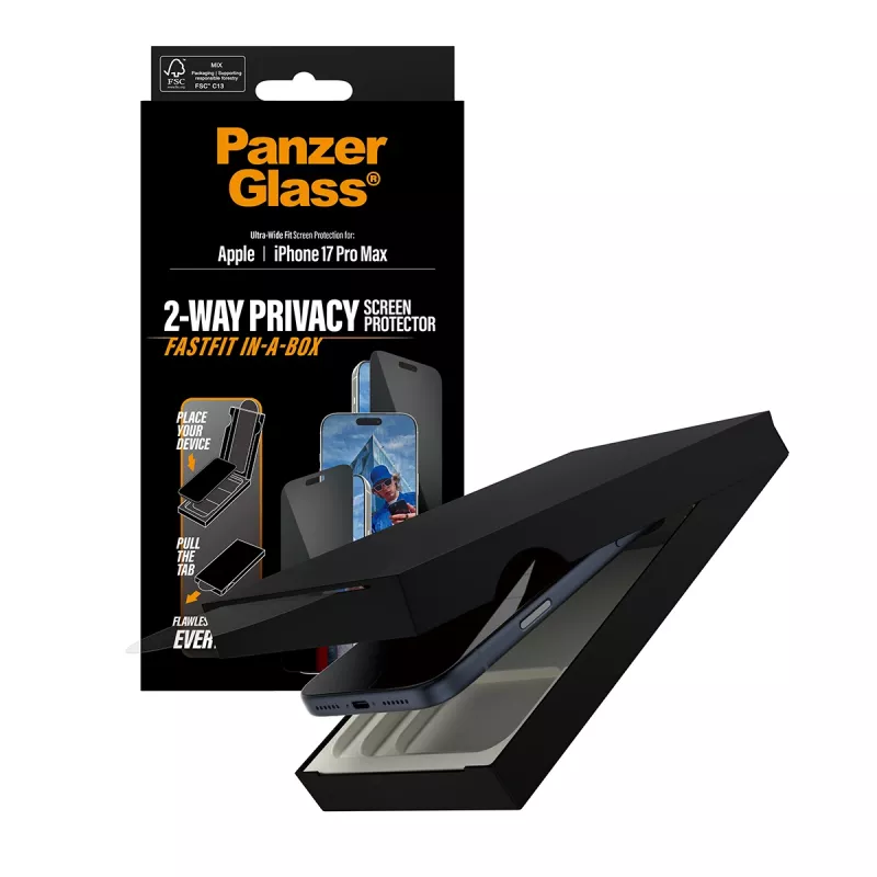 Protector de pantalla PanzerGlass 2-Way Privacy para iPhone 17 Pro Max — vidrio templado, Ultra-Wide Fit, FASTFIT