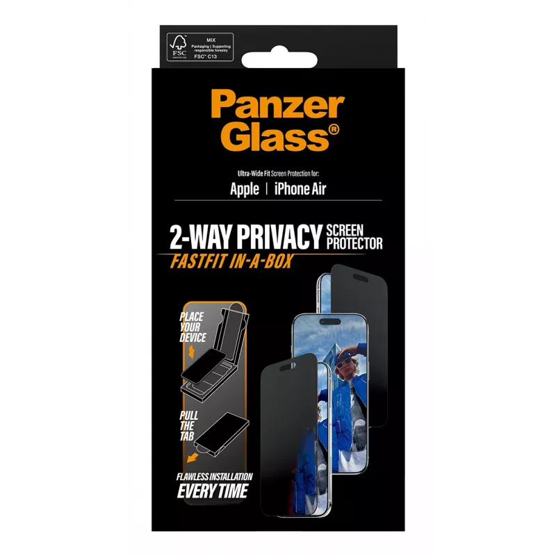 Protector de pantalla PanzerGlass Privacy para iPhone Air — vidrio templado, ajuste ultraancho, filtro de privacidad, FASTFIT