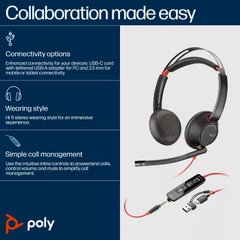 HP Poly Blackwire 5220 Auriculares estéreo USB-C + conector jack de 3,5 mm + adaptador USB-C/A
