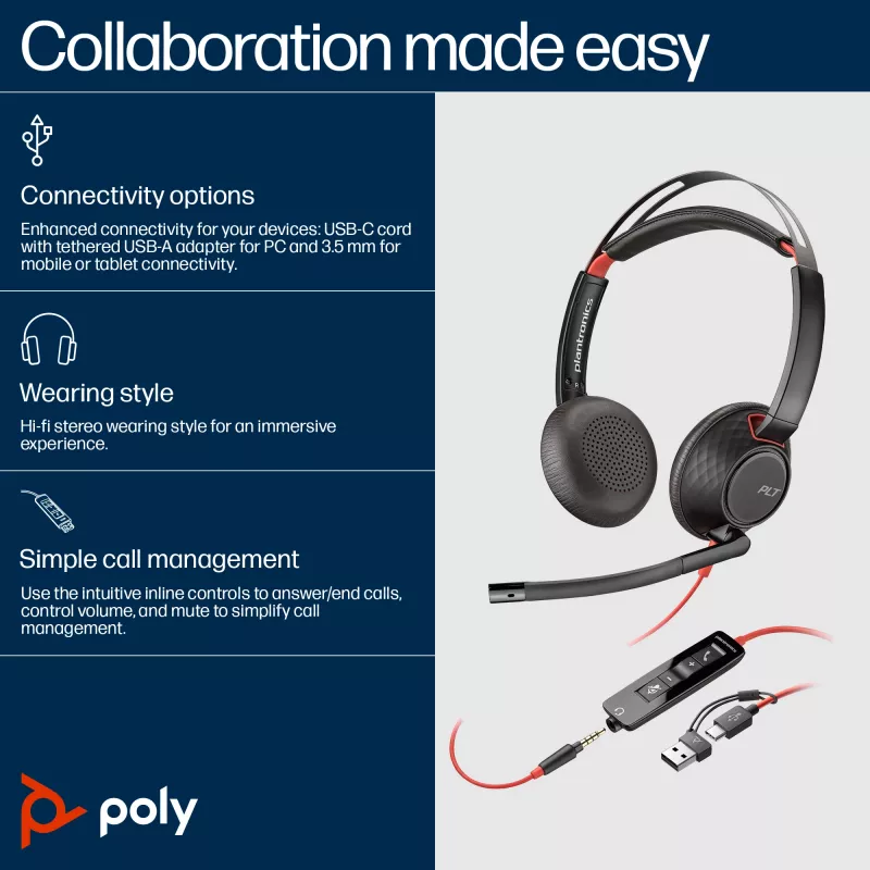 HP Poly Blackwire 5220 Auriculares estéreo USB-C + conector jack de 3,5 mm + adaptador USB-C/A