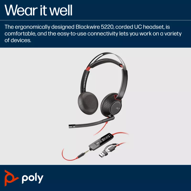 HP Poly Blackwire 5220 Auriculares estéreo USB-C + conector jack de 3,5 mm + adaptador USB-C/A