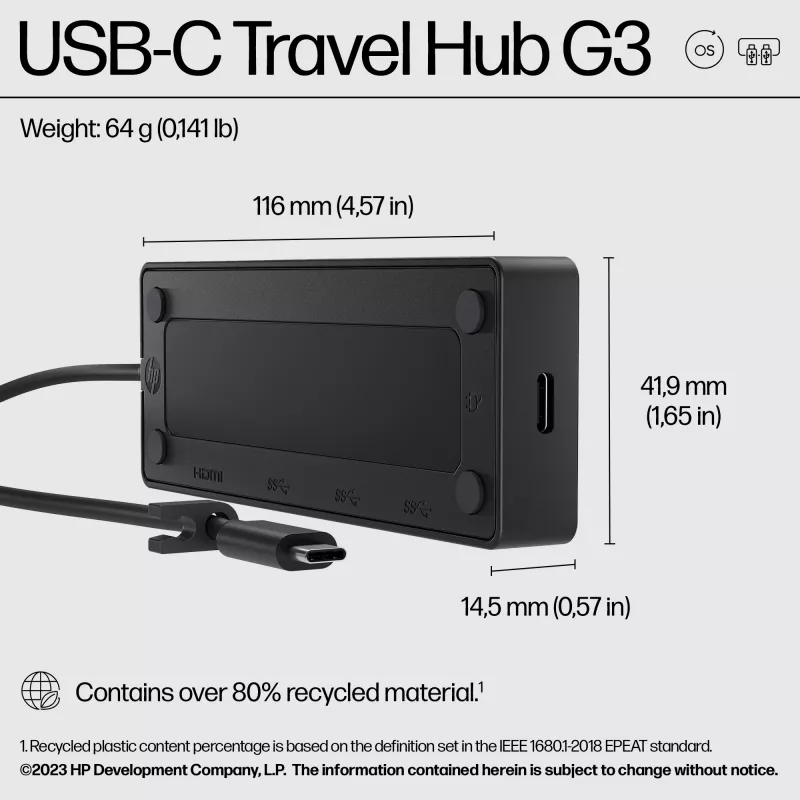 HP USB-C Travel Hub G3, Con cable, USB 3.2 Gen 2 (3.1 Gen 2) Type-C, 60 Hz, HDMI, USB 3.2 Gen 2 (3.1 Gen 2) Type-A, USB 3.2 Gen 2 (3.1 Gen 2) Type-C, Vietnam, USB-C