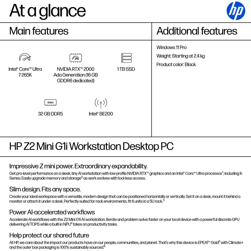 HP Z2 Mini G1i A40LPET estación de trabajo AI mini PC, Intel Core Ultra 7 265K, 32 GB RAM, 1 TB SSD, NVIDIA RTX 2000 Ada 16 GB, Wi-Fi 7, Windows 11 Pro
