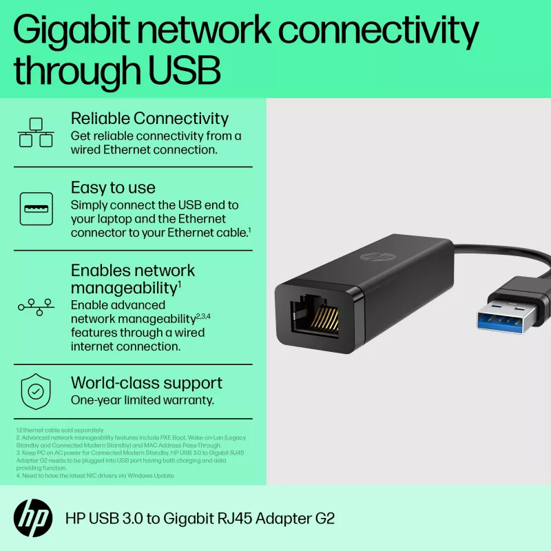HP USB 3.0 a Gigabit RJ45 adaptador G2, con cable, USB, Ethernet, negro
