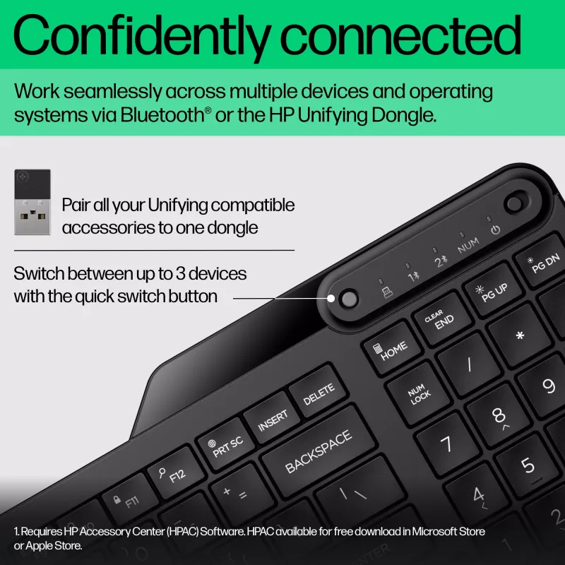 HP 475 teclado inalámbrico dual mode, tamaño completo (100%), inalámbrico, RF Wireless + Bluetooth, membrana, negro