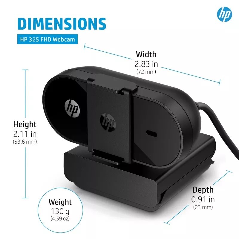 HP 325 webcam FHD, business, Windows 10, Windows 11, MacOS, 72 mm, 53,6 mm, 53,2 mm